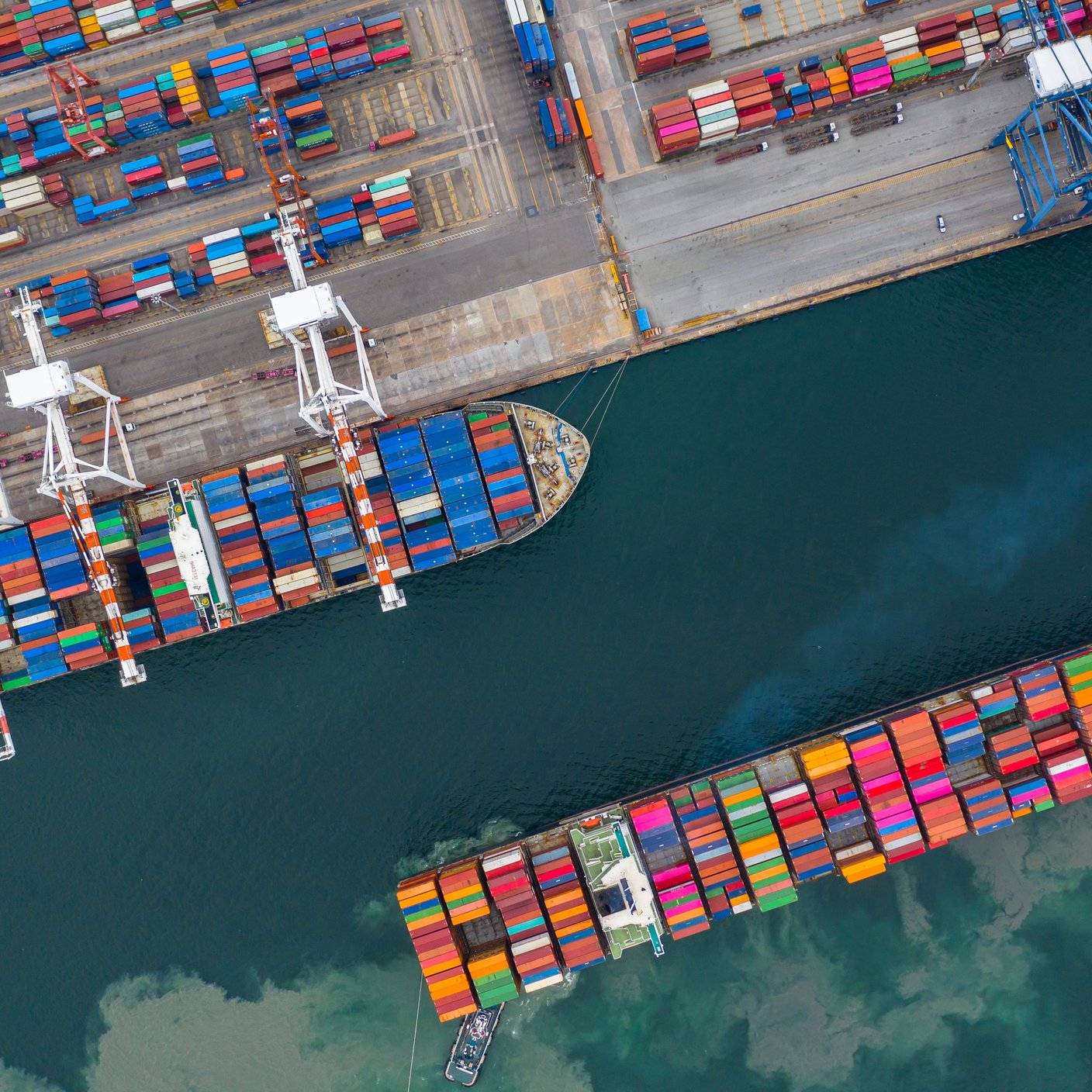 Aerial view cargo ship terminal,