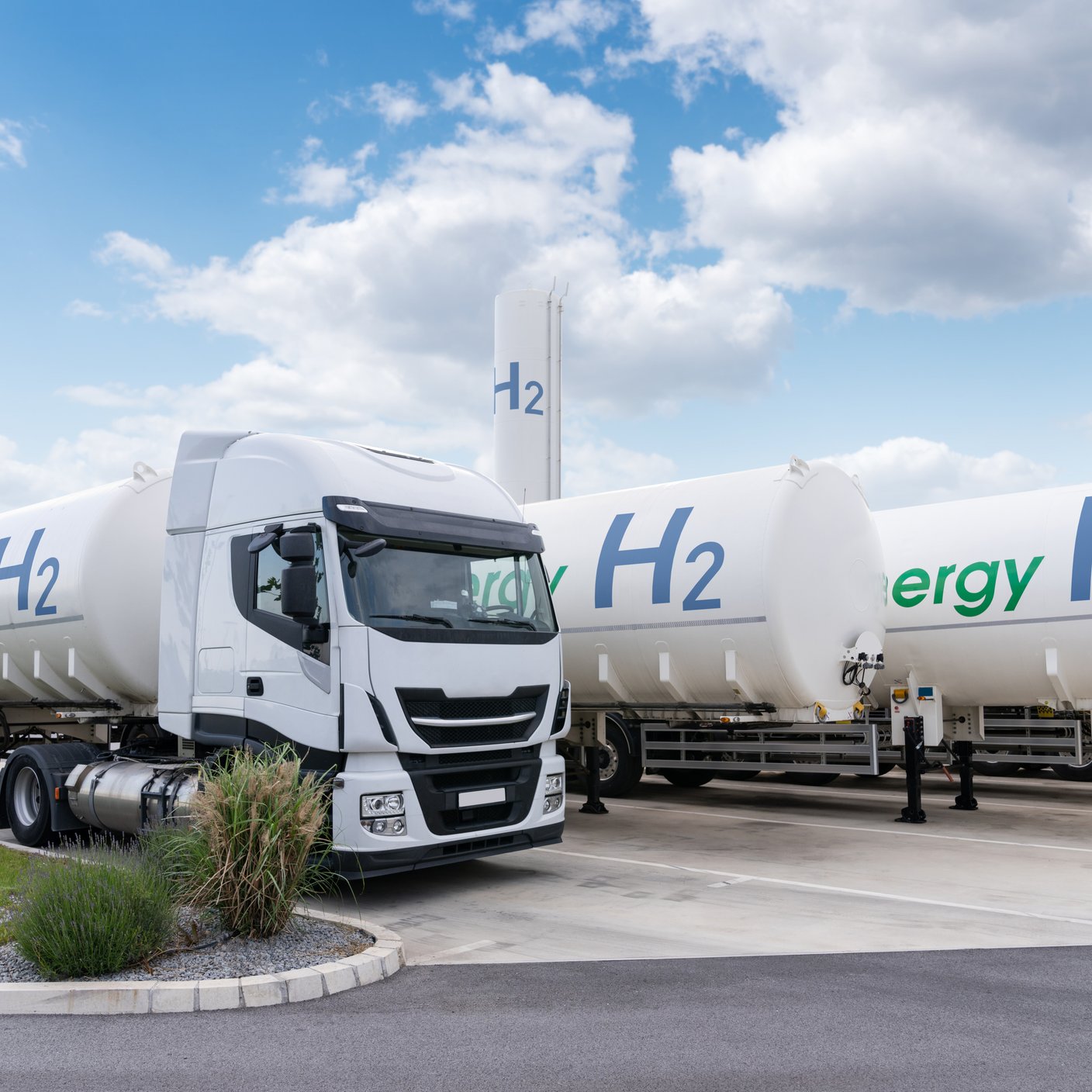 Truck with hydrogen tank trailers. Hydrogen transportation concept.