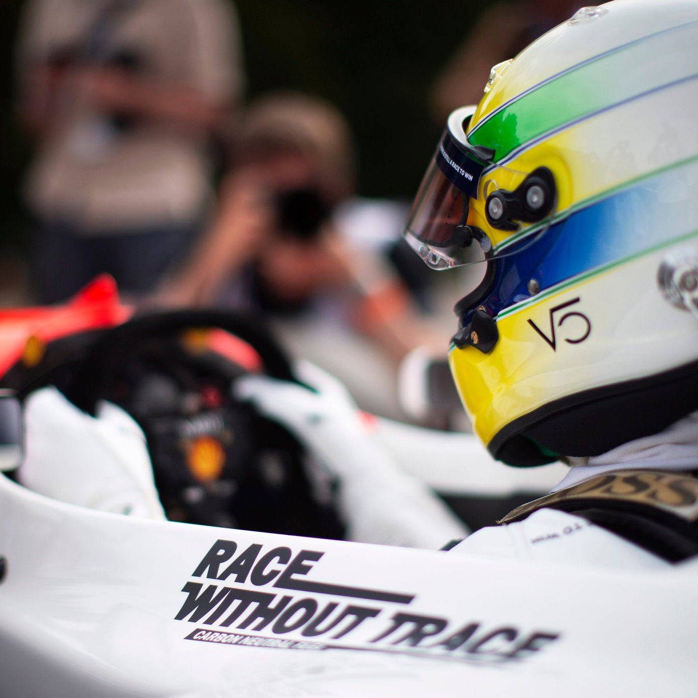 View of driver in a racing car.